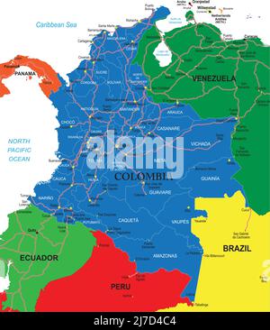 Kolumbien sehr detaillierte Vektorkarte mit Verwaltungsregionen, Hauptstädten und Straßen. Stock Vektor