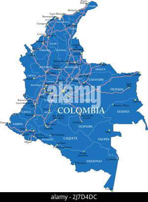 Sehr detaillierte Vektorkarte von Kolumbien mit Verwaltungsregionen, Hauptstädten und Straßen. Stock Vektor