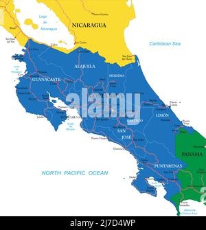 Hochdetaillierte Vektorkarte von Costa Rica mit Verwaltungsregionen, Hauptstädten und Straßen. Stock Vektor