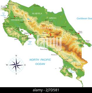 Sehr detaillierte physische Karte von Costa Rica, im Vektorformat, mit allen Reliefformen, Regionen und großen Städten. Stock Vektor