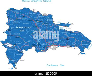 Hochdetaillierte Vektorkarte der Dominikanischen Republik mit Verwaltungsregionen, Hauptstädten und Straßen. Stock Vektor