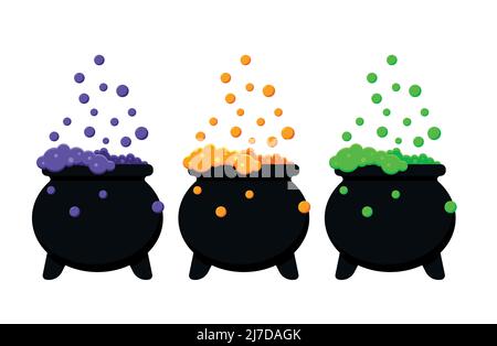 Zauberkessel mit Hexentrank, schwarzer Halloween-Topf. Stock Vektor