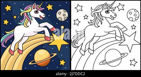 Einhorn Space Coloring Page Farbige Illustration Stock Vektor