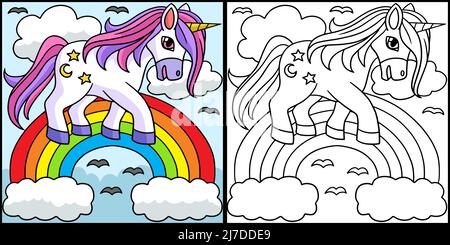 Einhorn Beim Spaziergang Über Den Regenbogen Illustration Stock Vektor