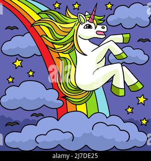 Einhorn Gleitet Über Den Regenbogen Illustration Stock Vektor