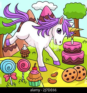 Einhorn In Candy Land Farbige Cartoon Illustration Stock Vektor