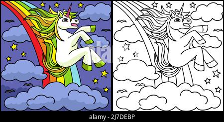 Einhorn Gleitet Über Den Regenbogen Illustration Stock Vektor