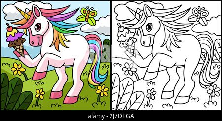Einhorn Hält Eis Farbige Illustration Stock Vektor