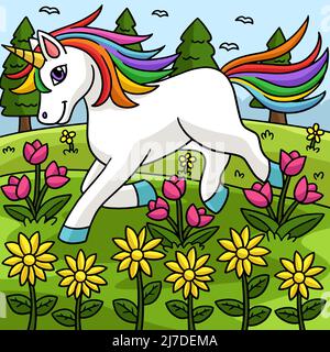 Einhorn Spielt Auf Dem Blumenfeld Illustration Stock Vektor