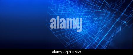 Abstrakte Würfelverbindung für Punkte und Daten auf blauem Hintergrund. Technischer Hintergrund von Verbindungen. Stockfoto