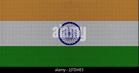 Die indische Flagge malte Farben auf einer gebürsteten Metallplatte aus nächster Nähe. Strukturiertes Banner auf perforiertem Hintergrund. Nahaufnahme mit Metallhintergrund Stockfoto