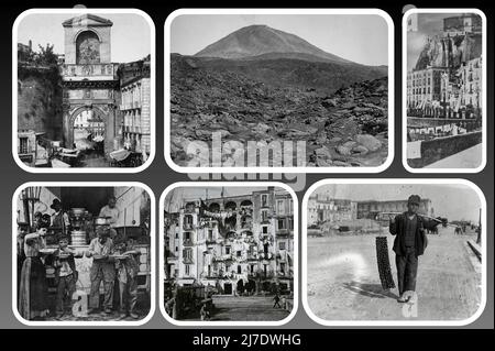 Eine Postkarte von Neapel aus der Mitte des 19.. Jahrhunderts, seine Scugnizi, Straßenhändler und gewöhnliche Menschen, und die unvermeidliche Ansicht des Vesuv-Vulkans Stockfoto