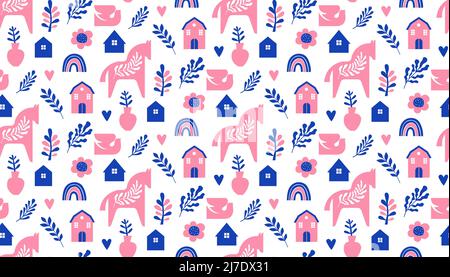 Nordische Dala Pferde und florale Elemente nahtloses Muster Stock Vektor