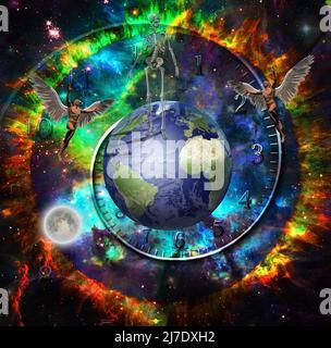 Der Tod geht auf der Erde. Skelett auf dem Planeten im lebendigen Raum. 3D Rendern Stockfoto