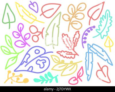 Vector Set von Sommer Flora in flachem Stil. Sammlung tropischer Blätter in einer Linie gezeichnet. Helle Sommerfarben. Stock Vektor