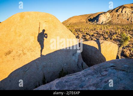 Der Schatten eines Mannes, der auf einen Felsbrocken gegossen wurde, während er im Joshua Tree National Park ein Foto macht. Stockfoto