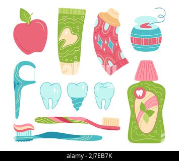 Dental-Werkzeuge Cartoon-Set. Gesunder Zahn, Zahnimplantat, Zahnbürsten, Zahnpasta, Zahnseide, Mundwasser. Mundreinigung, Gesundheitswesen Mundhygiene Symbol, saubere Zähne. Kieferorthopädische Konzeptvektoren Stock Vektor