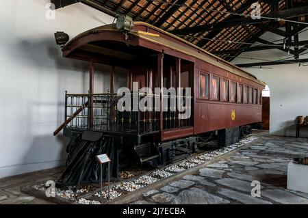Ein spezieller Eisenbahnwagen, der zwischen 1912 und 1913 in den Werkstätten der West Minas Gerais Railway gebaut wurde und für wichtige, damals angesehene Besucher genutzt wurde. Stockfoto