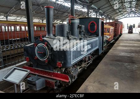 Eine deutsche Dampflokomotive aus dem Jahr 1927, Orenstein und Kopel, pflegte Schotterwagen zwischen dem Steinbruch und dem Bahnhof Rodeador an der Diamantina-Bahn. Stockfoto