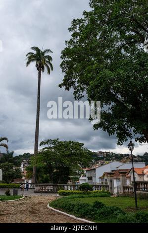 Teilansicht des Gartens, der die Kirche Sao Francisco de Assis umgibt, am frei Orlando Platz unter stark bewölktem Himmel. Stockfoto