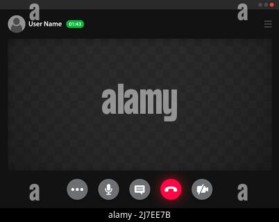Videocall-Schnittstelle, Bildschirm für Video-Chat und Konferenzgespräche, Vorlage für die Benutzeroberfläche der Vektortelefon-App. Hintergrund für Videoanruf und Web-Chat-Telefonkonferenz für Mobiltelefon oder Computer mit Anruftasten Stock Vektor