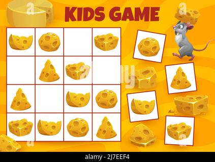 Cartoon-Käse. Arbeitsblatt zum Sudoku-Labyrinth. Kid logische Rebus, Vektor pädagogische Rätsel oder Kind Puzzle-Spiel mit Schweizer maisdam Käsestücke und lustige Maus oder Ratte Nagetier Tiercharakter Stock Vektor