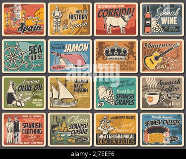 Spanien Kultur, Küche und Geschichte Retro Banner Set. Jamon Leg, Weinflasche und Olivenöl, Spanien Wappen, königliche Krone und Ritter, Gitarre, Käsekopf und Trauben, Corrida Stier, Kaffee Tasse Vektor Stock Vektor