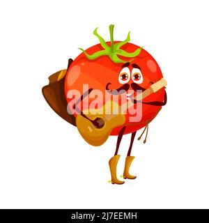 Cartoon lustige Cowboy Tomate spielen Gitarre, Gemüse Sheriff oder Ranger frischen Charakter. Vector lustige Veggies tragen Hut und Stiefel mit Saiteninstrument. Isolierte Fantasie wilden Westen Pflanze Persönlichkeit Stock Vektor