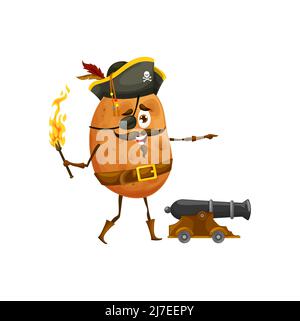 Cartoon Kartoffel Pirat Charakter mit Kanone. Vector corsair Gemüse mit Fackel Tragen gespannte Hut und Augenklappe Angriff Feind mit Waffe. Isolierter Bukkaneer, Freibeuter, Picaroon Veggies Stock Vektor