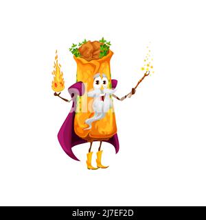 Cartoon mexikanische Enchilada Zauberer Charakter. Vector tex Mex Snack Zauberer oder Hexe mit Feuer und Zauberstab in den Händen. Totenbeschwörer, lustiger Burrito im Cape, Zauberer, Zauberer, traditionelles mexikanisches Essen Stock Vektor