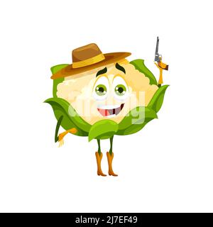 Cartoon Blumenkohl Cowboy oder Ranger Charakter. Lustige Vektor Gemüse Räuber oder Gangster. Veggies Bandit tragen Hut, Handschuhe und Stiefel mit Waffe. Isolierte Fantasie westlichen Essen Reiter Persönlichkeit Stock Vektor