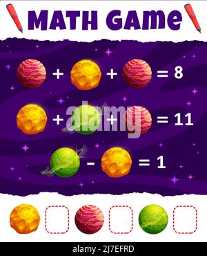 Mathe Spiel Arbeitsblatt, Cartoon Raum Planeten und Sterne, Bildung Labyrinth. Vektor-Puzzle für Rechnen und Mathematik Fähigkeiten Entwicklung, pädagogische Labyrinth Rätsel Aktivität für Kinder, lernen Teaser zählen Stock Vektor