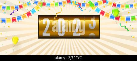 Silvester 2023. Countdown zum Laden von Zahlen 2023. Neujahr-Banner mit Serpentinen, farbigen Fahnen und fliegenden Ballons. Stock Vektor