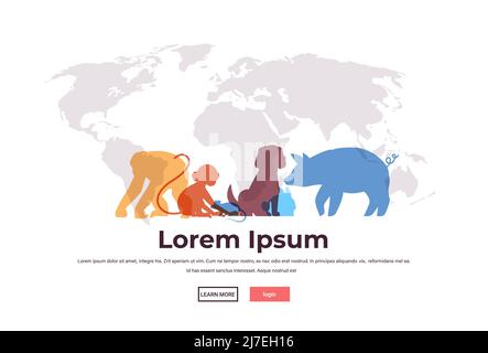Setzen Sie Cartoon Tiere Silhouetten auf Weltkarte Hintergrund voller Länge horizontal Stock Vektor