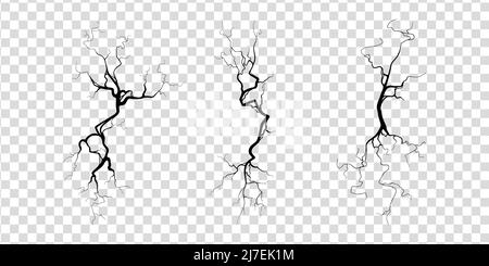Risse auf Beton oder Boden aufgrund von Alterung oder Dürre. Ein Satz von Spalten, die auf transparentem Hintergrund isoliert sind. Monochrome Vektorgrafik Stock Vektor