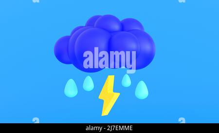 Wetterprognose, Wettersymbol, Wolkenregen und Blitz, Emoticon-Aufkleber, 3D Rendering. Stockfoto