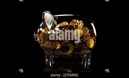 Glas Sparschwein mit Münze innen, sparen oder sparen Sie Geld oder öffnen Sie ein Bankeinzahlungskonzept, 3D Rendering. Stockfoto