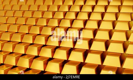 Stapel von Goldbarren oder Goldbarren, Geschäftsfinanzkonzept, 3D Rendering. Stockfoto