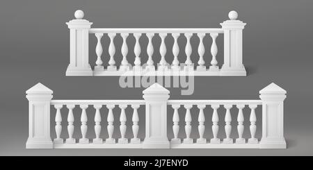 Balustraden aus weißem Stein oder Marmor mit Säulen, Säulen, Balustern und Geländern. Vector realistische Satz von 3D Zaun im klassischen griechischen oder römischen Stil für Balkon, Terrasse, Treppe Stock Vektor