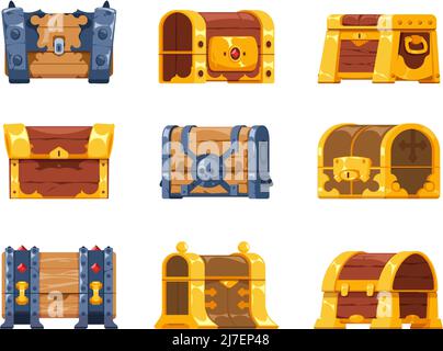 Alte Brust. Cartoon aus Holz und Metall geschlossene Schatzkiste, Vintage Mystery Case mit eisernen Rahmen. Vector Piraten Holzcontainer isoliert gesetzt Stock Vektor