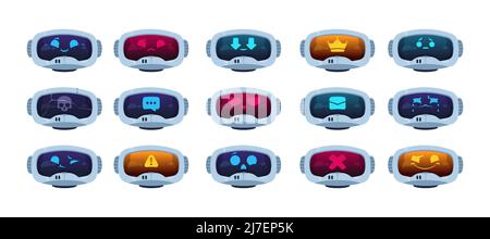Chat-bot-Gesicht. Cartoon-Roboter-Kopf zeigen verschiedene Emotionen, Chatbot mit künstlicher Intelligenz Kommunikationskonzept. Vektorset Stock Vektor