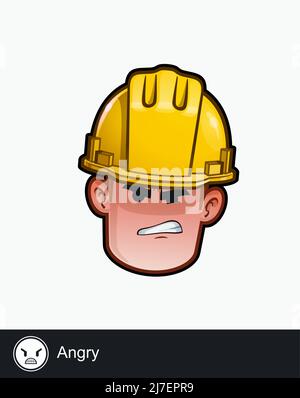 Ikone eines Bauarbeiters mit Angy emotionalem Ausdruck. Alle Elemente übersichtlich auf gut beschriebenen Ebenen und Gruppen. Stock Vektor