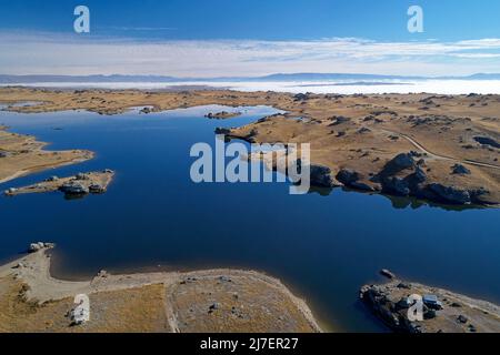 Poolburn Dam, Central Otago, South Island, Neuseeland - Drohnenantenne Stockfoto