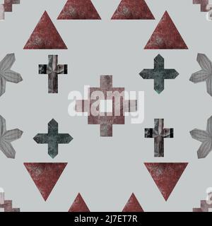 Geometrische Formen mit Kreuzen und Dreiecken in rustikalen Farben auf pastellgrauem Hintergrund. Nahtlos wiederholtes Muster. Stockfoto