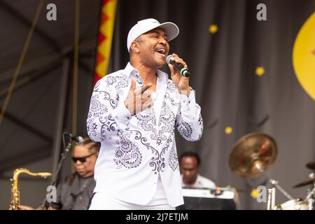 Walt Anderson von Kool & The Gang während des New Orleans Jazz & Heritage Festivals am 8. Mai 2022 auf dem Fair Grounds Race Course in New Orleans, Louisiana (Foto: Daniel DeSlover/Sipa USA) Stockfoto