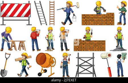Satz von Baustellen Objekte und Arbeiter Illustration Stock Vektor