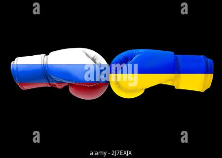 3D Illustration Flaggen Russlands und der Ukraine auf Boxhandschuhen isoliert auf schwarzem Hintergrund. Stockfoto