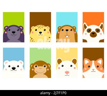 Satz mit dem Symbol für kawaii-Mitglieder. Karten mit niedlichen Cartoon-Tiere. Baby Sammlung von Avataren mit Panther, Leopard, Biber, Lemur, Katze, Affe, Eisbär, Stock Vektor