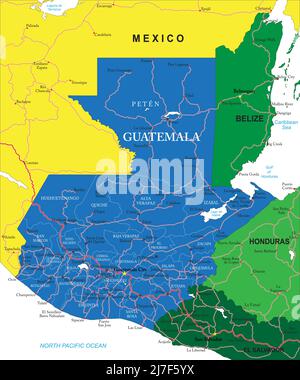 Hochdetaillierte Vektorkarte von Guatemala mit Verwaltungsregionen, Hauptstädten und Straßen. Stock Vektor