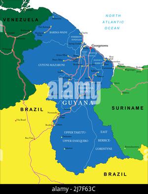 Hochdetaillierte Vektorkarte von Guyana mit Verwaltungsregionen, Hauptstädten und Straßen. Stock Vektor